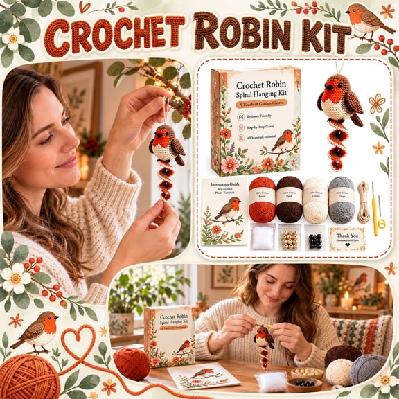 Beginner Crochet Spiral Wind Kit, Full Pack of Yarn, Hook & Accessories, Handmade Red Bird Hanging Decor Craft Gift