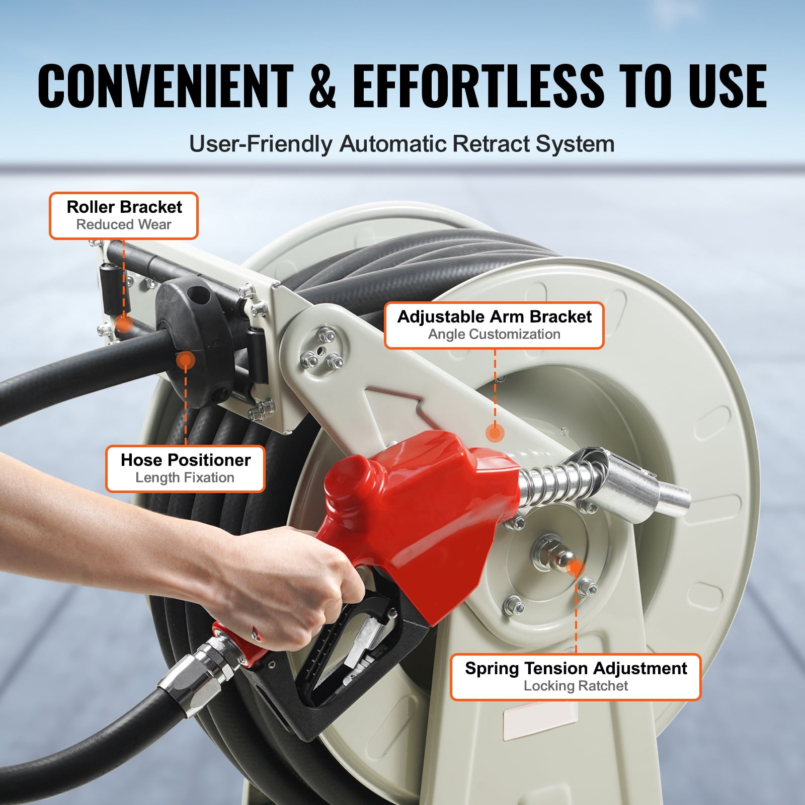 VEVOR Fuel Hose Reel Retractable Diesel Hose Reel 1" x 33' Auto Refueling Nozzle