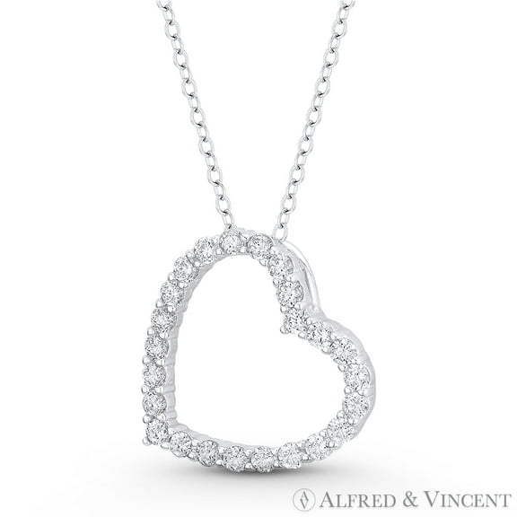Sideways-Heart Charm CZ Crystal Pave Sliding Pendant & Chain Necklace in .925 Sterling Silver