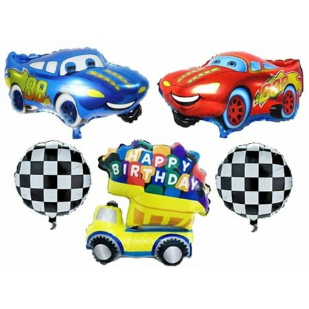 Vision Race Cars 26" Foil Party Balloons 5x Pcs, Helium Foil Cars Design Checkered Flags For Cars Birthday Theme Party Supplies