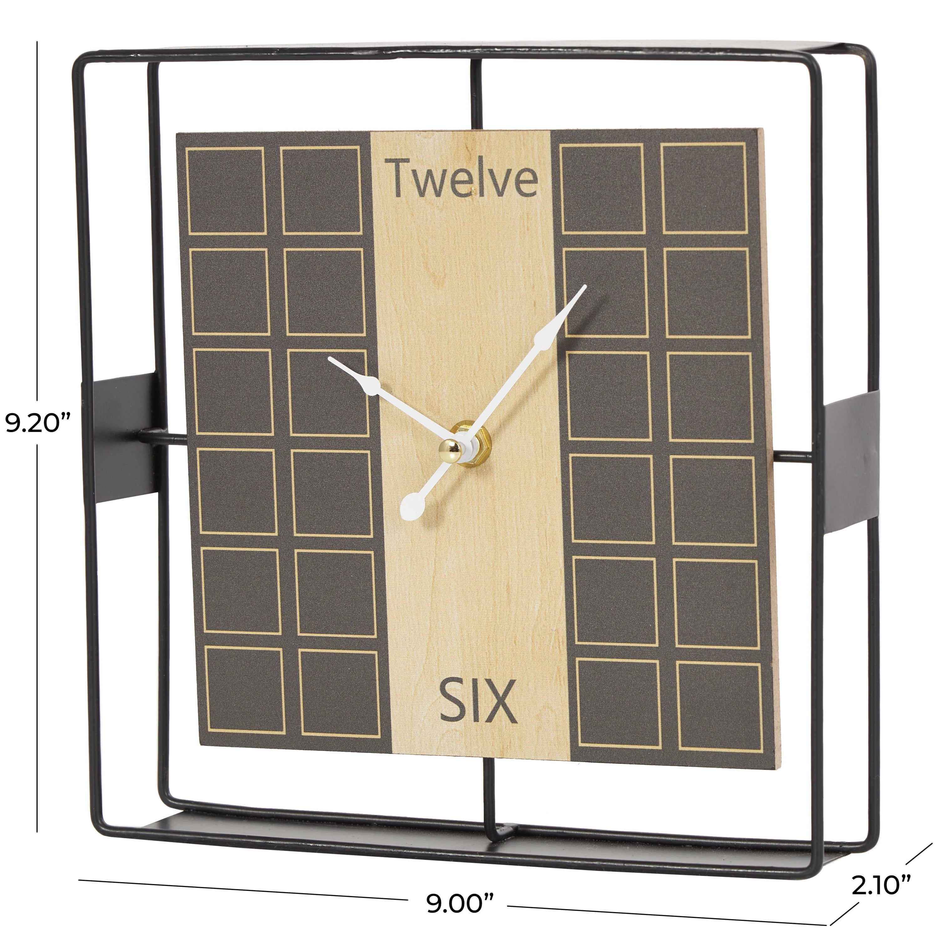 DecMode 9" Black Wooden Geometric Open Frame Square Clock with Grid Pattern