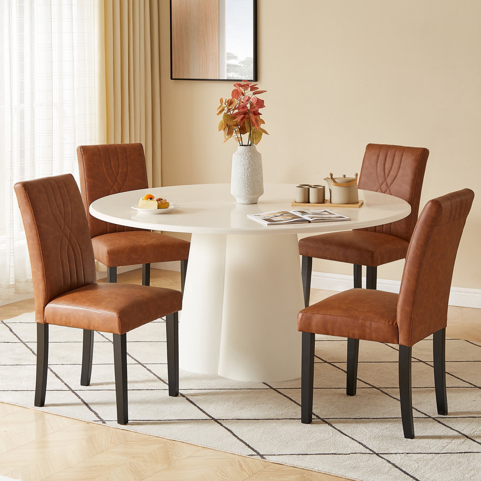 VECELO Upholstered Dining Chairs, Modern PU Leather High Back Chair with Wood Legs for Kitchen, Living Room, Set of 6, Brown