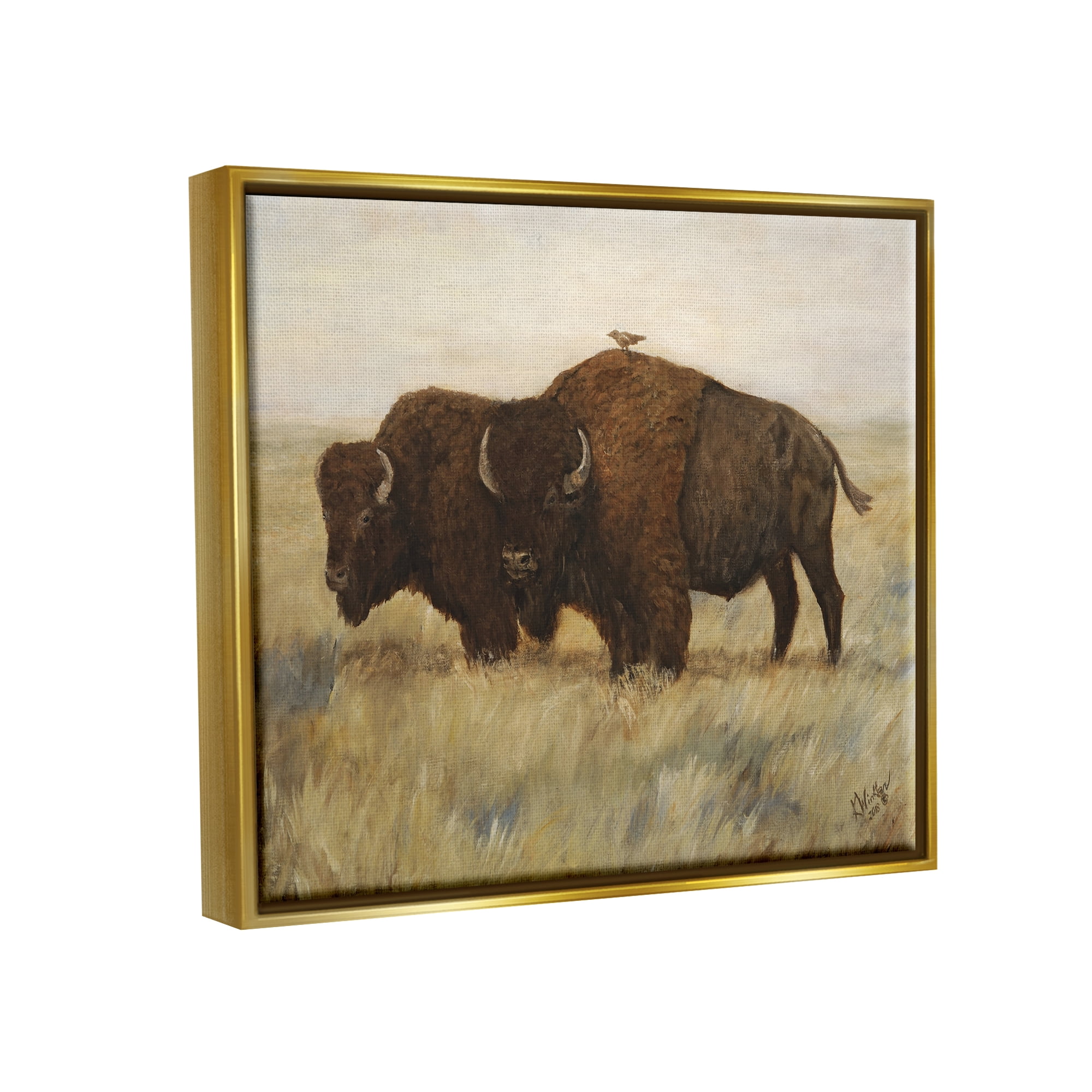 Stupell Industries Bird on Bison Rural Scene Animals & Insects Painting Gold Floater Framed Art Print Wall Art