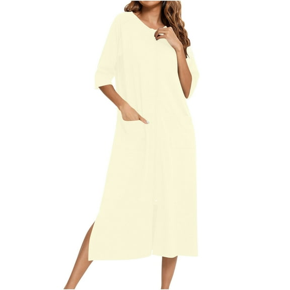 YUTK Women's Cotton Nightgowns & Sleepshirts Sale Women's Winter Warm Nightgown and Winter Nightdress Zip with Pokets Loose Pajamas Beige Xxl