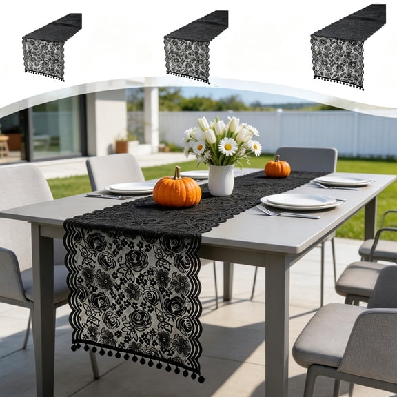 Table Runner, Lace Tablecloth, Vintage Black Floral Tassel Edge Semi Sheer Polyester Table Decor, Soft Breathable Fabric, Washable Without Deformation, Elegant French Style Dining Room Accessory