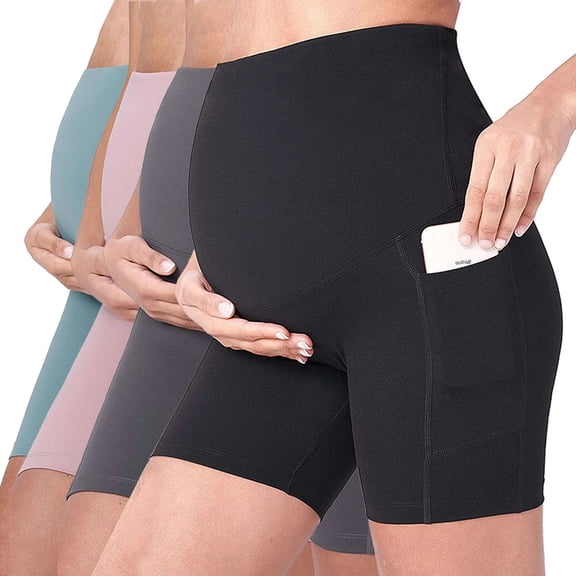 Women Maternity Yoga Shorts Over the Belly Workout Running Active Pregnant Athletic Short Pants Leggings with Pockets "Black, L"