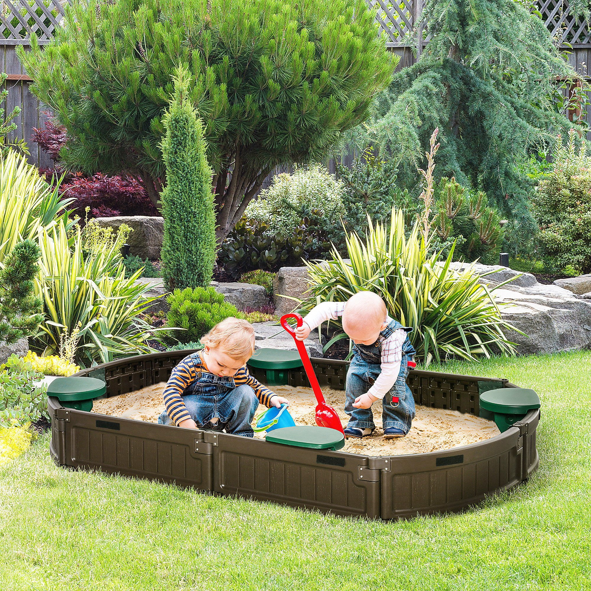 72" x 41.25" Oval Kids Outdoor Sandbox with Cover, 4-Seat HDPE Sand Pit, Easy Assembly Backyard Play Station, Brown