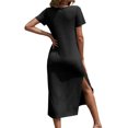 thumbnail image 3 of Solid Color Women V Neck Short Sleeved Casual Side Slit Dress, 3 of 4