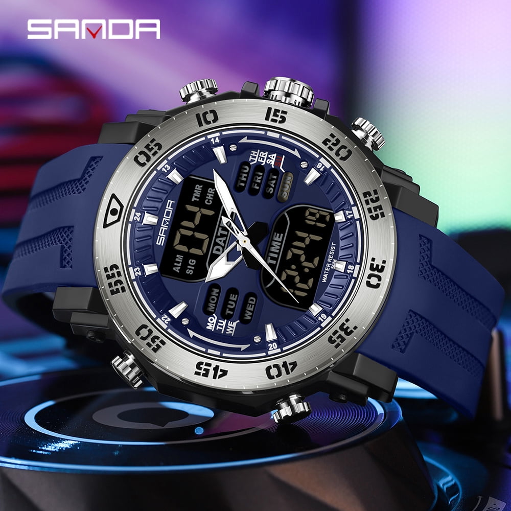 Sanda Men's Analog Sports Watch, LED Large Face Waterproof Wrist Watches, Dual Dial Digital Analog Watches for Men  6029