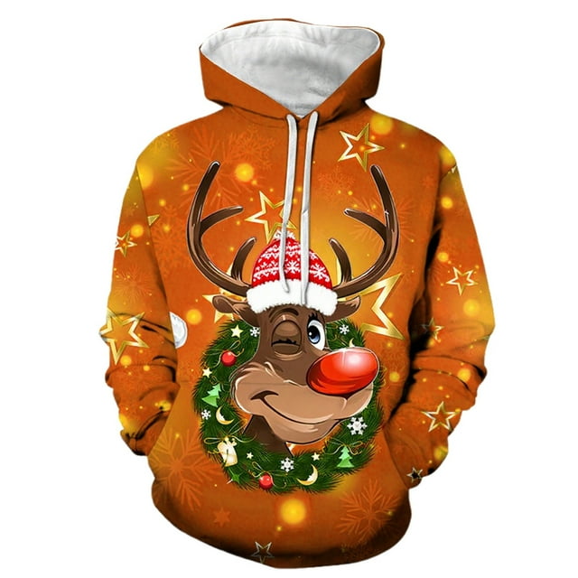 LUOGENLI Chandails à Capuche pour Hommes à Fermeture Éclair, Imprimé Graphique de Cerf, Chandail à Capuche à Manches Longues, Chandail Chaud à Enfiler pour la Saison des Fêtes, Tenue Décontractée, Chandails à Capuche et Chandails pour Hommes, Blanc Orange, Taille g