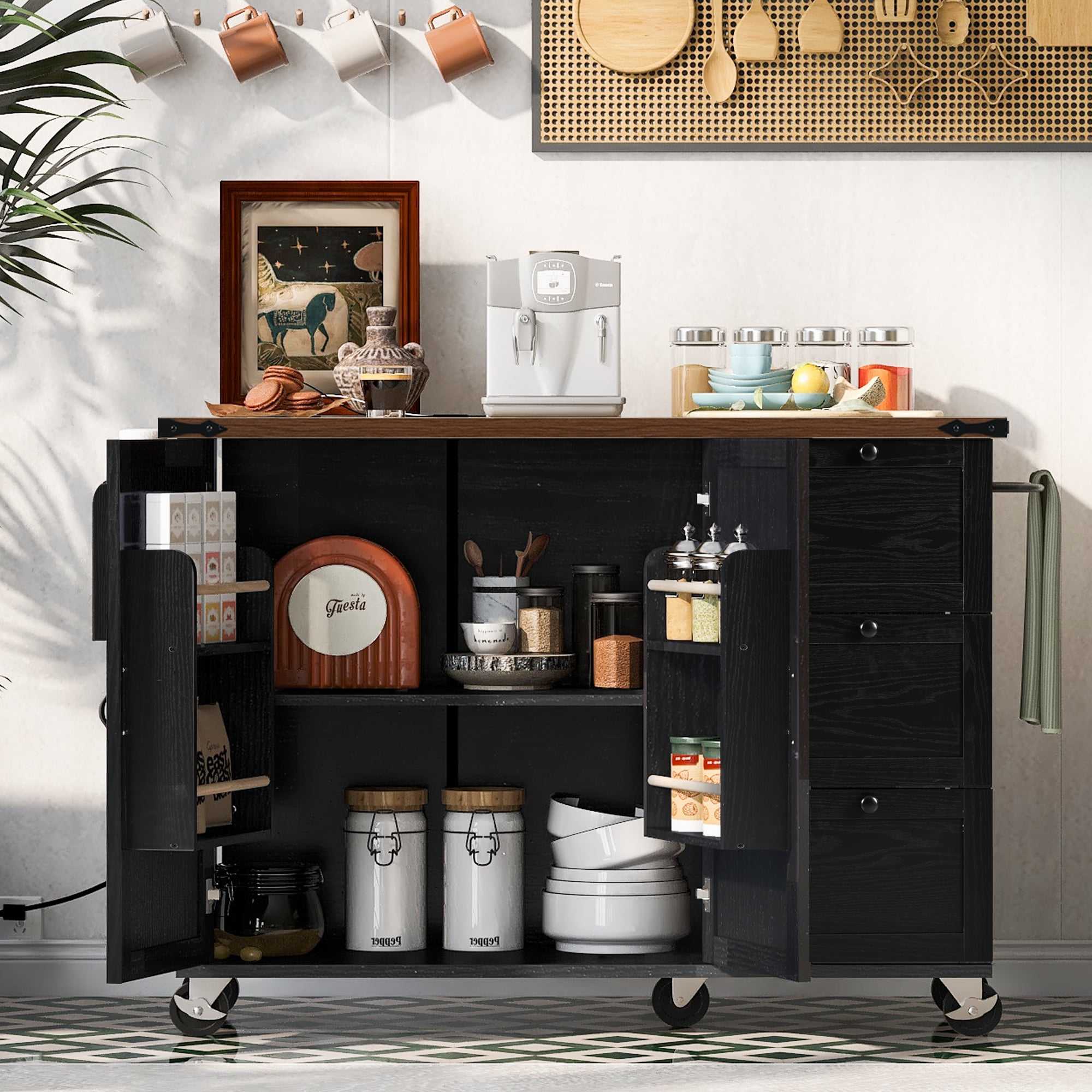 Yoneston 54.5" Farmhouse Kitchen Island with Power Outlet and Drop Leaf, Multifunctional Kitchen Trolley with Internal Storage Rack, Spice Rack and 2 Doors 3 Drawers for Kitchen Dining Room, Black