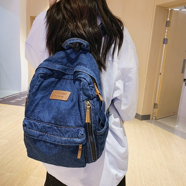 Peggybuy Étudiant Denim Sac À Dos Zipper Bookbag Multi Poches