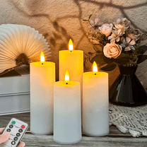 Goyuon 4pcs White Flameless Pillar Candles, Battery Operated Candles with Remote Control, Flat Top Flickering Flameless Candles, LED Candles for Home, Wedding, Party Decorations