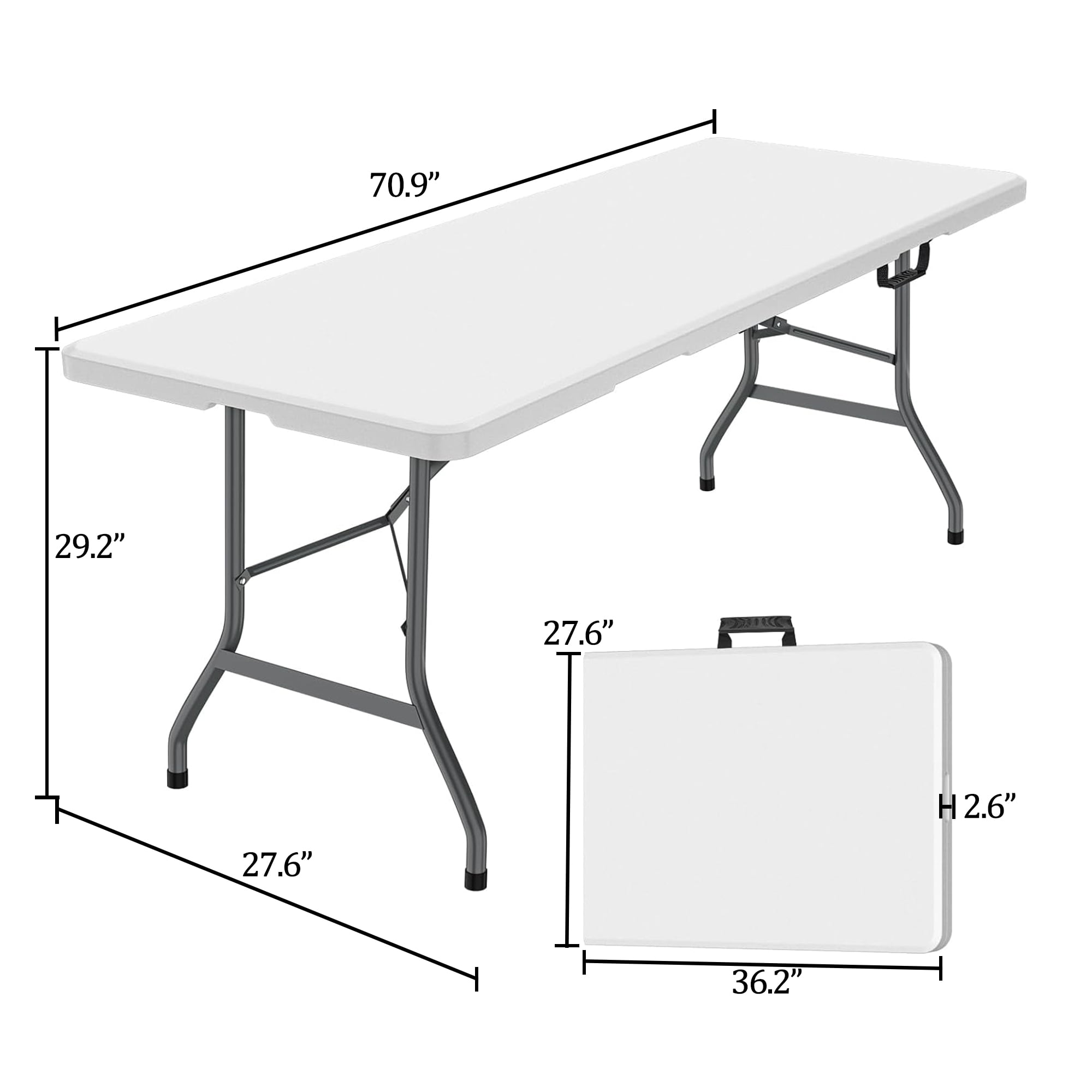 6 Foot Folding Table,Portable Plastic Indoor Outdoor Camping Dining Table with Carrying Handle,White