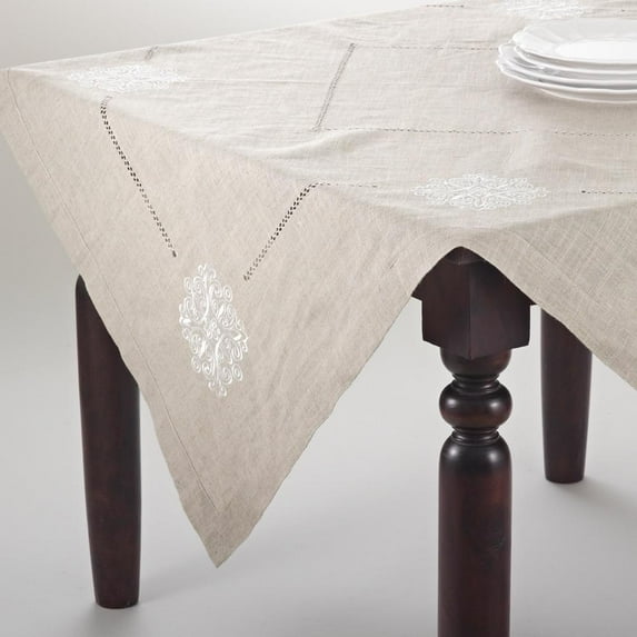 Fennco Styles Lucia Embroidered Medallion Linen Blend Natural Tablecloth