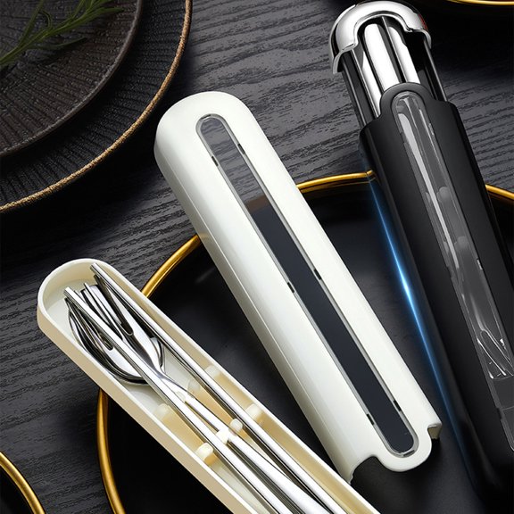 Blaxill Portable Flatware Set | 3 Piece Stainless Steel Chopsticks, Fork & Spoon with Travel Case - Rust Resistant | Polished Edges | Black/White | 21.7x4.8x2.6cm