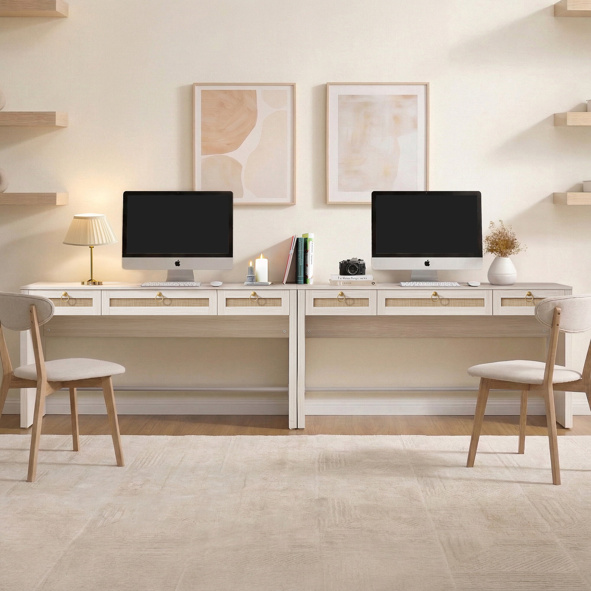 SICOTAS 59.05" W Home Office Computer Desk with Ample Storage，Boho Writing Desk with 3 Spacious Drawers & Unique Rattan Decor, Farmhouse Coastal Classic Style, Cream White