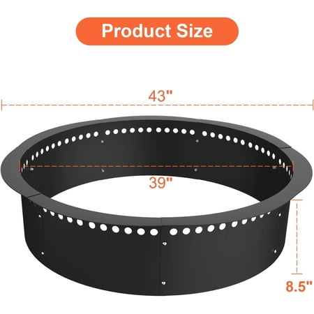 Smokeless Fire Pit Ring, 43 inch Outer/39 inch Inner Heavy Duty Large Solid Steel Firepit Liner for Outside Wood Burning, Campfire Ring Above or In-Ground for Outdoor
