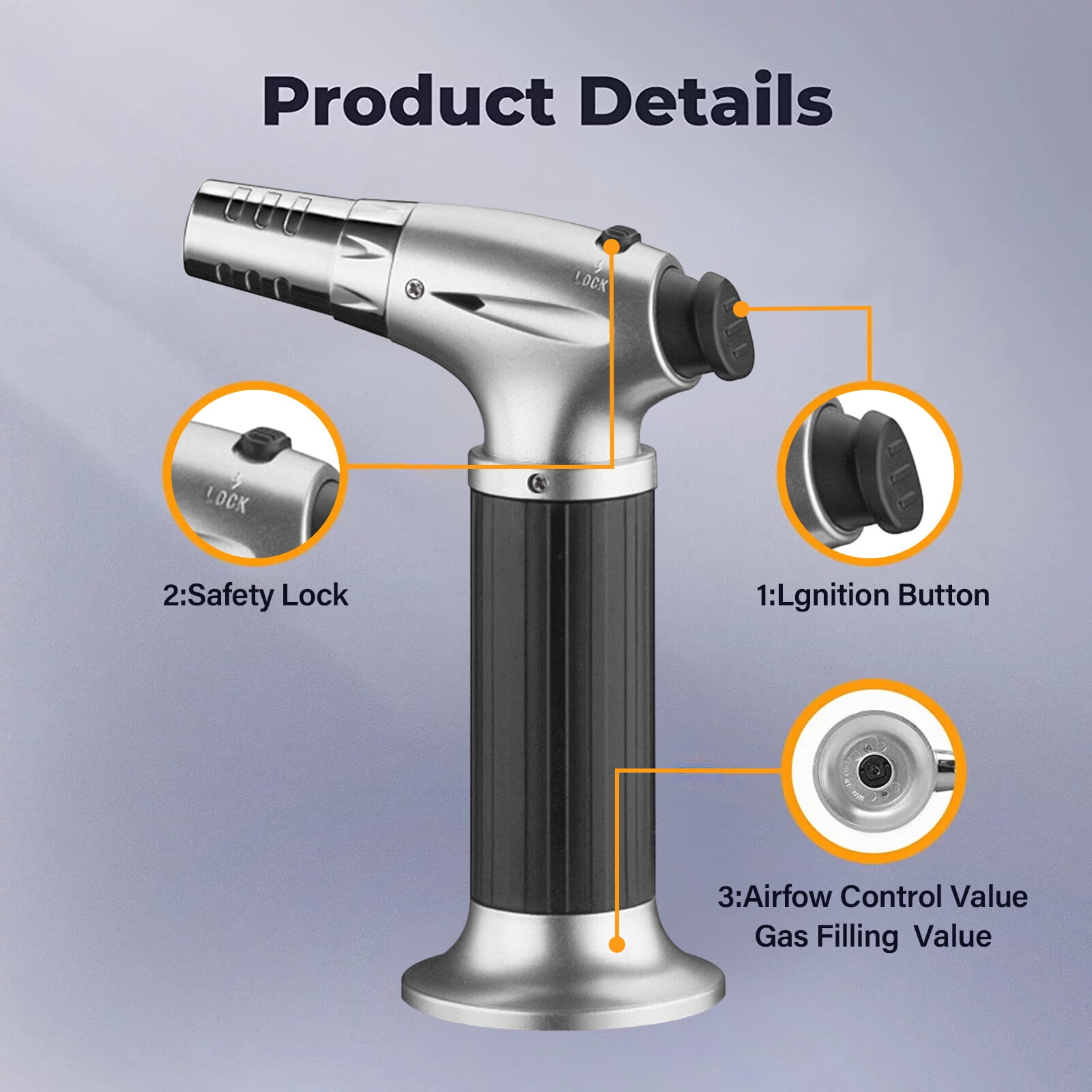 Culinary Butane Torch Blow Torch Lighter,Refillable Cooking Kitchen Torch with Safety Lock Adjustable Flame for BBQ,Creme Brulee,Baking,Cooking,Crafts,Cigar (Butane Gas not Included)