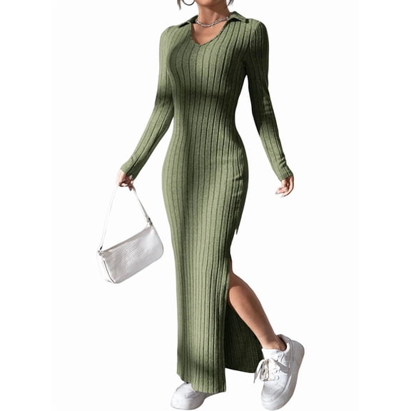 Women'S Long Sleeve Collar V Neck Maxi Dress Slit Thigh Ribbed Knit Bodycon Dresses Green S