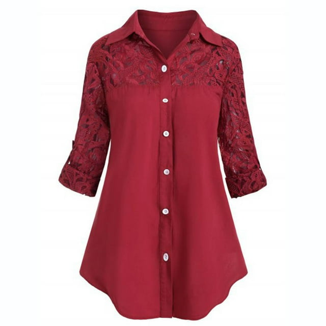 Pntutb Mujer Damas Tamaño grande Botón Encaje Turn Down Collar Camisa de manga larga Blusa Pntutb Pntutb-6677
