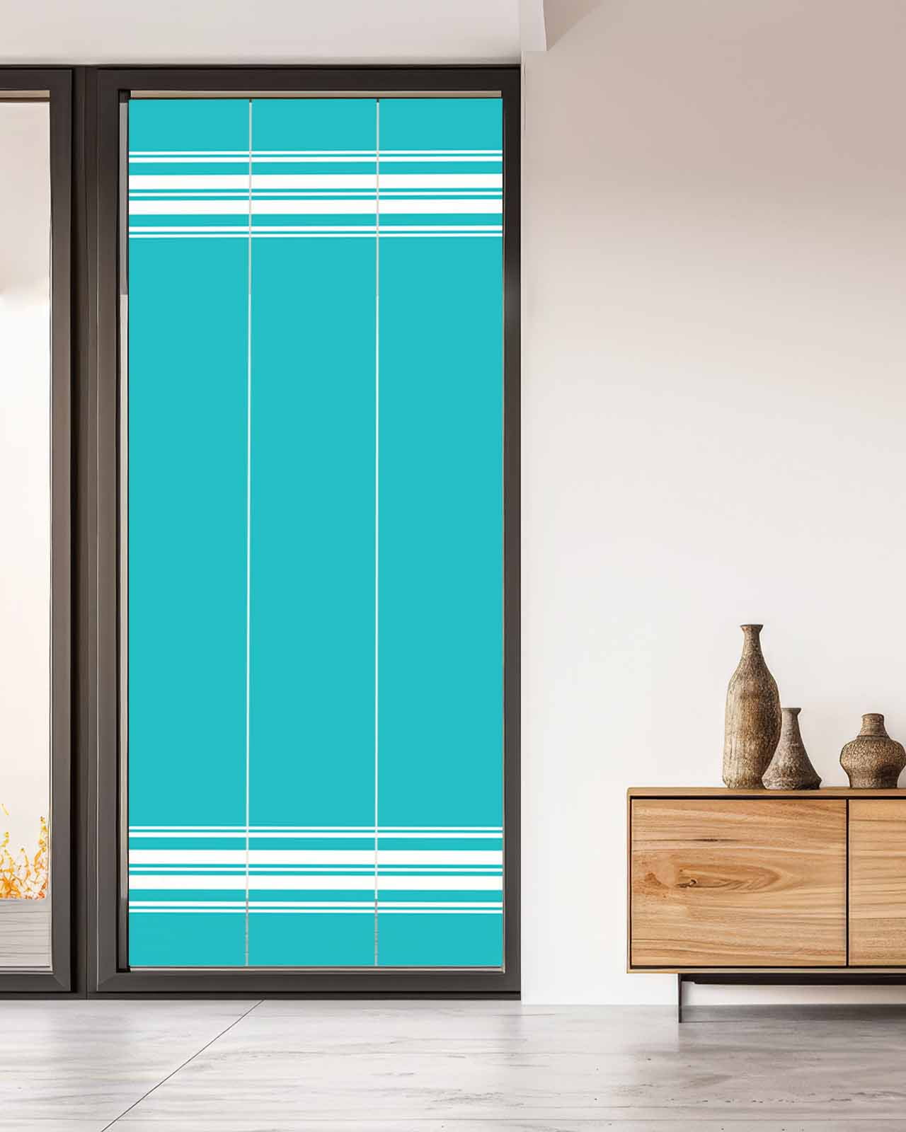 Window Privacy Film, Bluish Green Stripes UV Sun Blocking Window Tint Film Heat Control One Way Blackout Window Film, Farmhouse Modern Vertical Lines Non Adhesive Static Cling Sticker 35.4x78.7 In