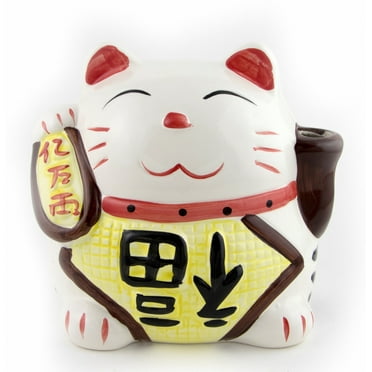 Feng Shui White Porelain Money Lucky Fortune Cat Statue w/ Both Hands Up