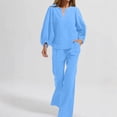 thumbnail image 2 of Womens Casual Two-Piece Outfit V-Neck Long Sleeve Top High Waist Straight Leg Pants with Pockets Cotton Linen Set Light Blue XL(XL), 2 of 6