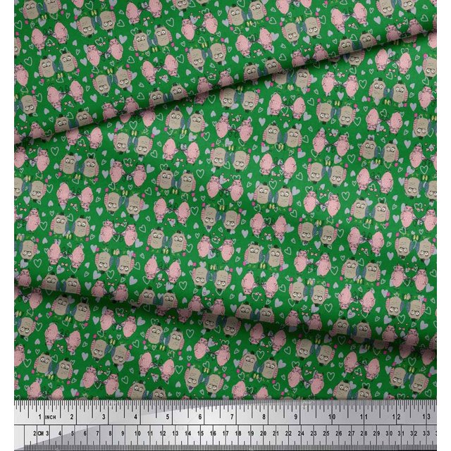 Soimoi Green polyester Crepe Fabric Hearts & Owl Bird Print Fabric by Yard 42 Inch Wide