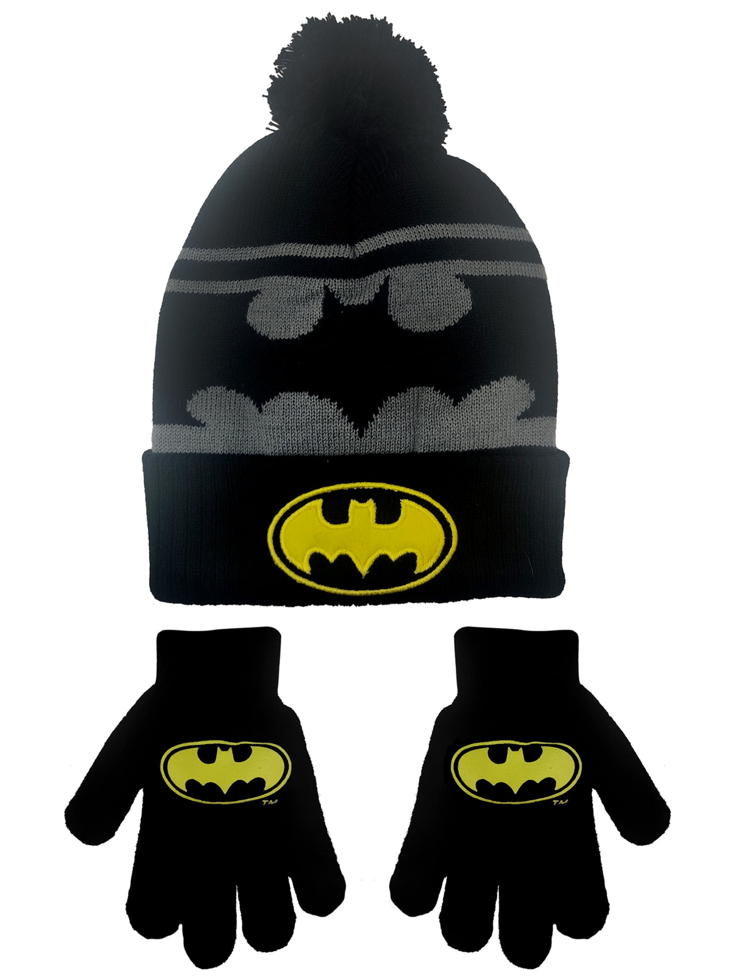 Kids DC Comics Batman Logo Knit Beanie Hat & Gloves Black Hero 2-Piece Set