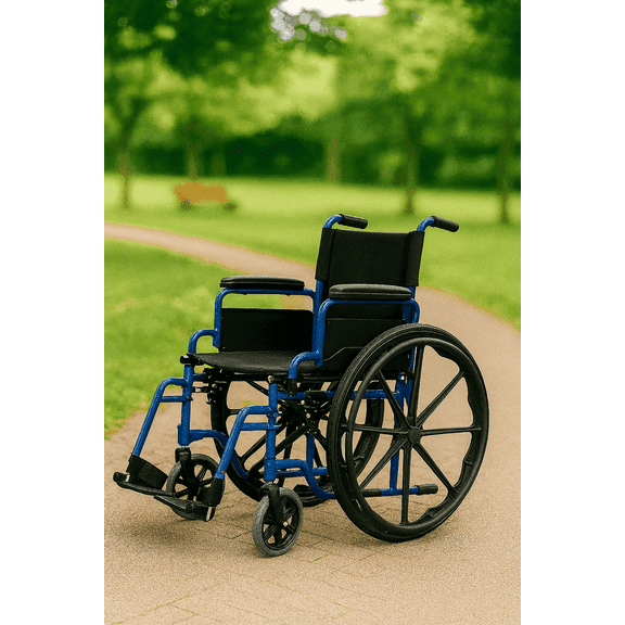 Lumi Blue Wheelchair with Padded Desk Arm, Adjustable Leg Rests, 18'' Seat