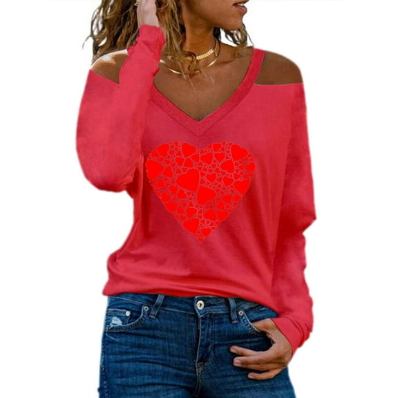 Lilgiuy Fashion Woman V-Neck Long Sleeve T-Shirt Autumn Printing Cold Shoulder Loose Blouse Tops for Business Office Work