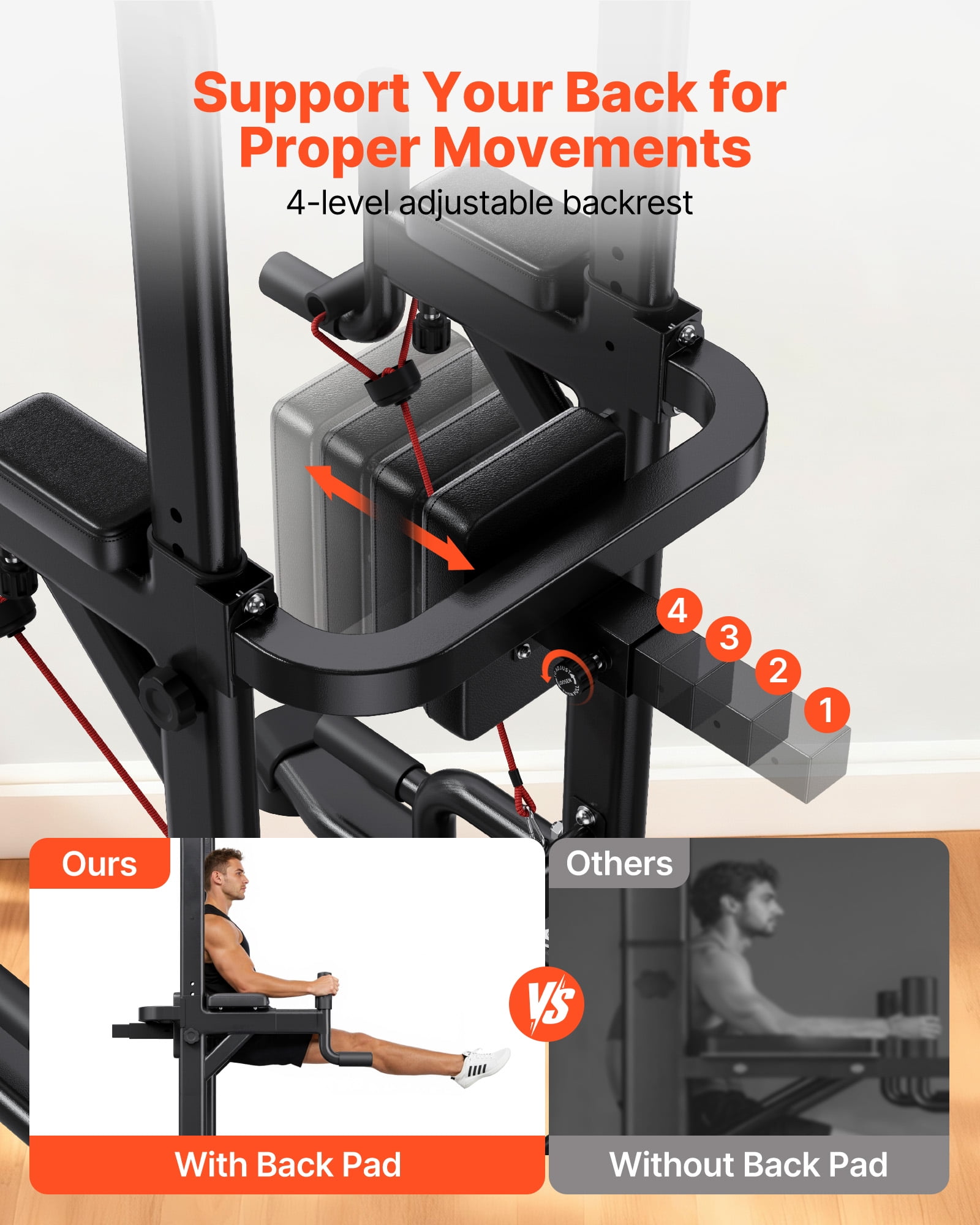 VEVOR Pull Up Bar, 330 LBS Power Tower Dip Station, Workout Dip Station with H-Shaped Stable Base & Back Pad,Adjustable 12 Level Height Free Standing Chin Up Bar for Back, 4-Level Adjustable Back Pad