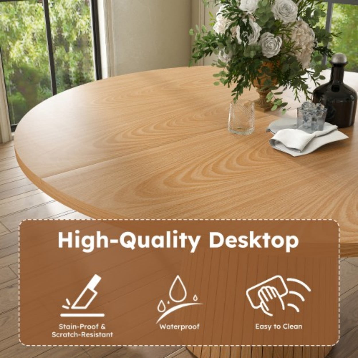 47" Round Dining Table for 4, Modern Farmhouse Kitchen Table with Wood Strip Base, MDF Wood Grain Dining Table for Kitchen, Dining Room & Living Room, Oak