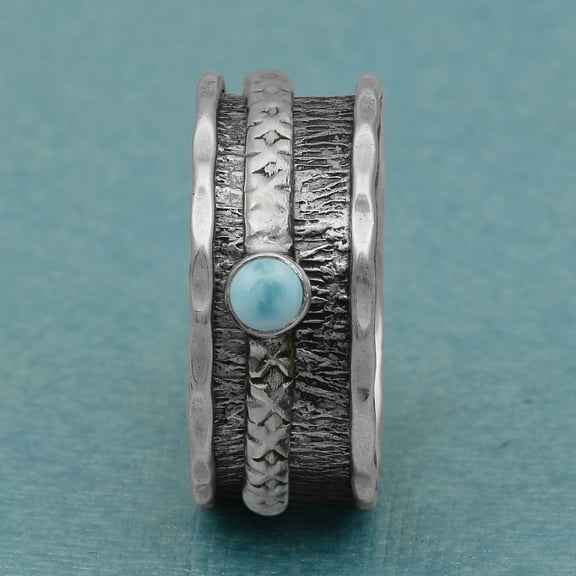 Spinner Ring 3MM Round Larimar Fidget Hammered 925 Silver Men Women Band