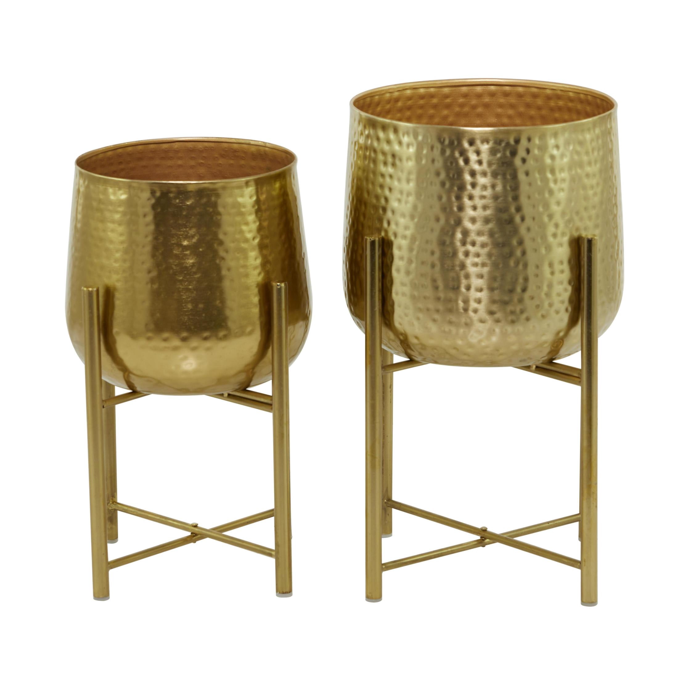 CosmoLiving by Cosmopolitan 17", 19"H Deep Recessed Hammered Dome Gold Metal Planter with Removable Stand (2 Count)