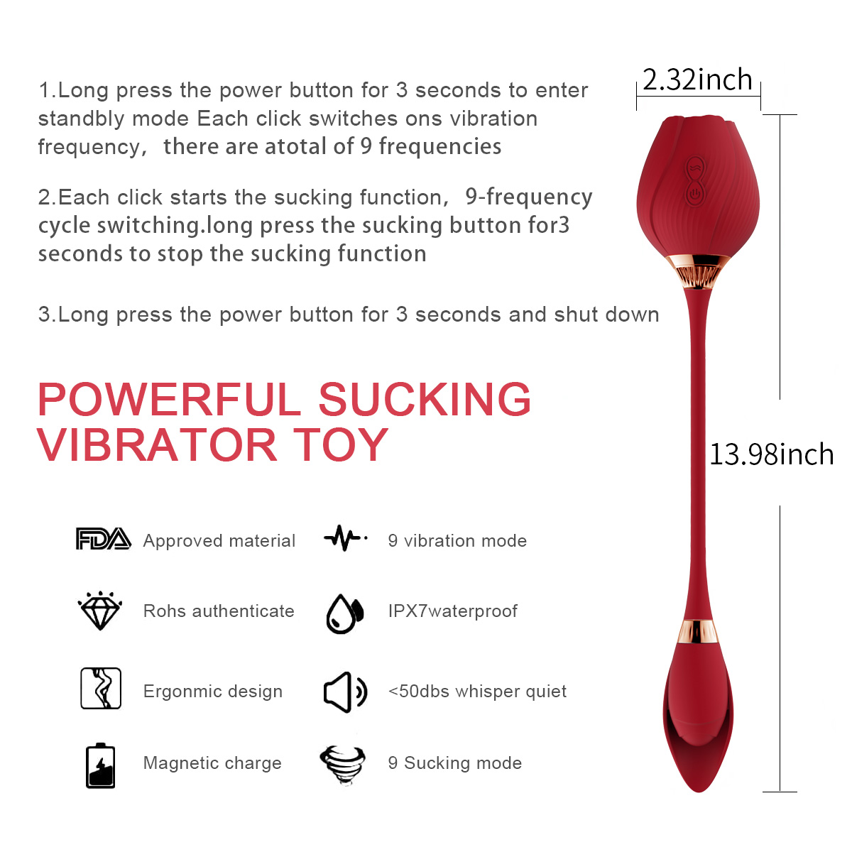 Tianyi Powerful Rose Sucking Vibrator Toy Waterproof Massager for Women with 9 Frequency Sucking Vibration Mode