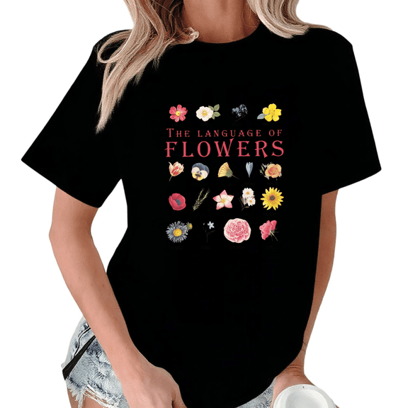Black Print Tshirt Graphic Tees Shirts Botanical Flowers Guide Print Summer Outfit S-5XL Tops