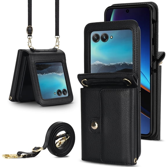 For Motorola Razr 40 Ultra PU Leather Case, Stylish Crossbody Strap Wristband Card Slots Magnetic Snap RFID Blocking Drop Protective Rugged Case for Motorola Razr 40 Ultra, Black