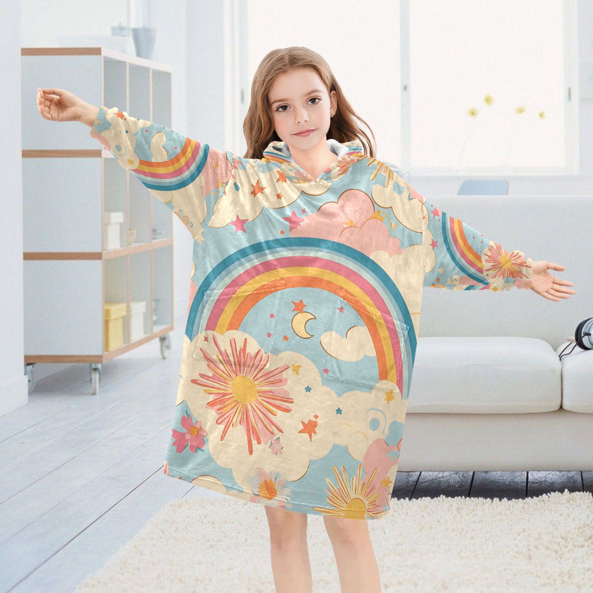 FORMRS Wearable Blanket Hoodie with Sleeves for Kids Cozy Flannel Sweatshirt, Pink Retro Sun