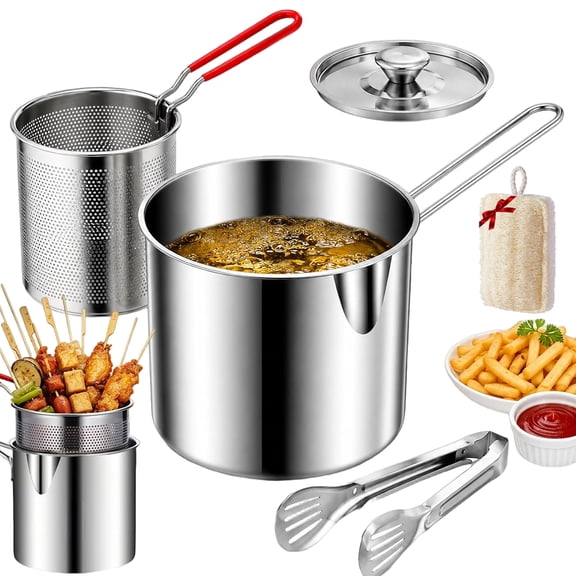 Multifunctional 304 Stainless Steel Fryer, Stainless Steel Deep Fryer Pot with Basket & Strainer, Mini Oil Frying Pot for Kitchen Countertop Outdoor Cooking (4PCS)