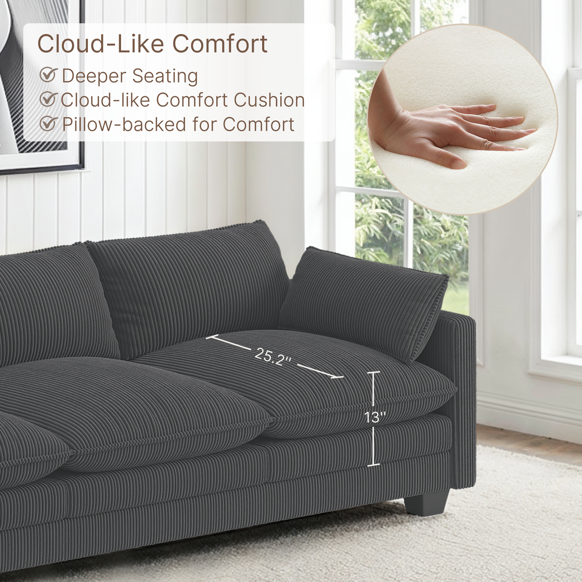 Noelse 75" Loveseat Sofa, Gray Corduroy Deep Seat photo 7