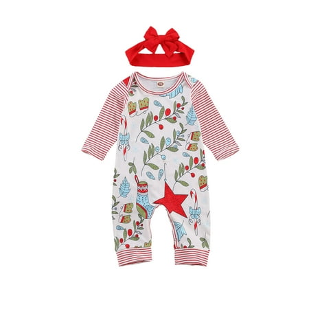 

Pudcoco Boy Girl Jumpsuit Christmas Footless Rompers with Headband
