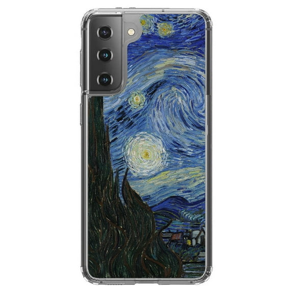 DistinctInk Clear Shockproof Hybrid Case for Galaxy S21  PLUS 5G (6.7" Screen) - TPU Bumper, Acrylic Back, Tempered Glass Screen Protector - Van Gogh Starry Night - Classic Art