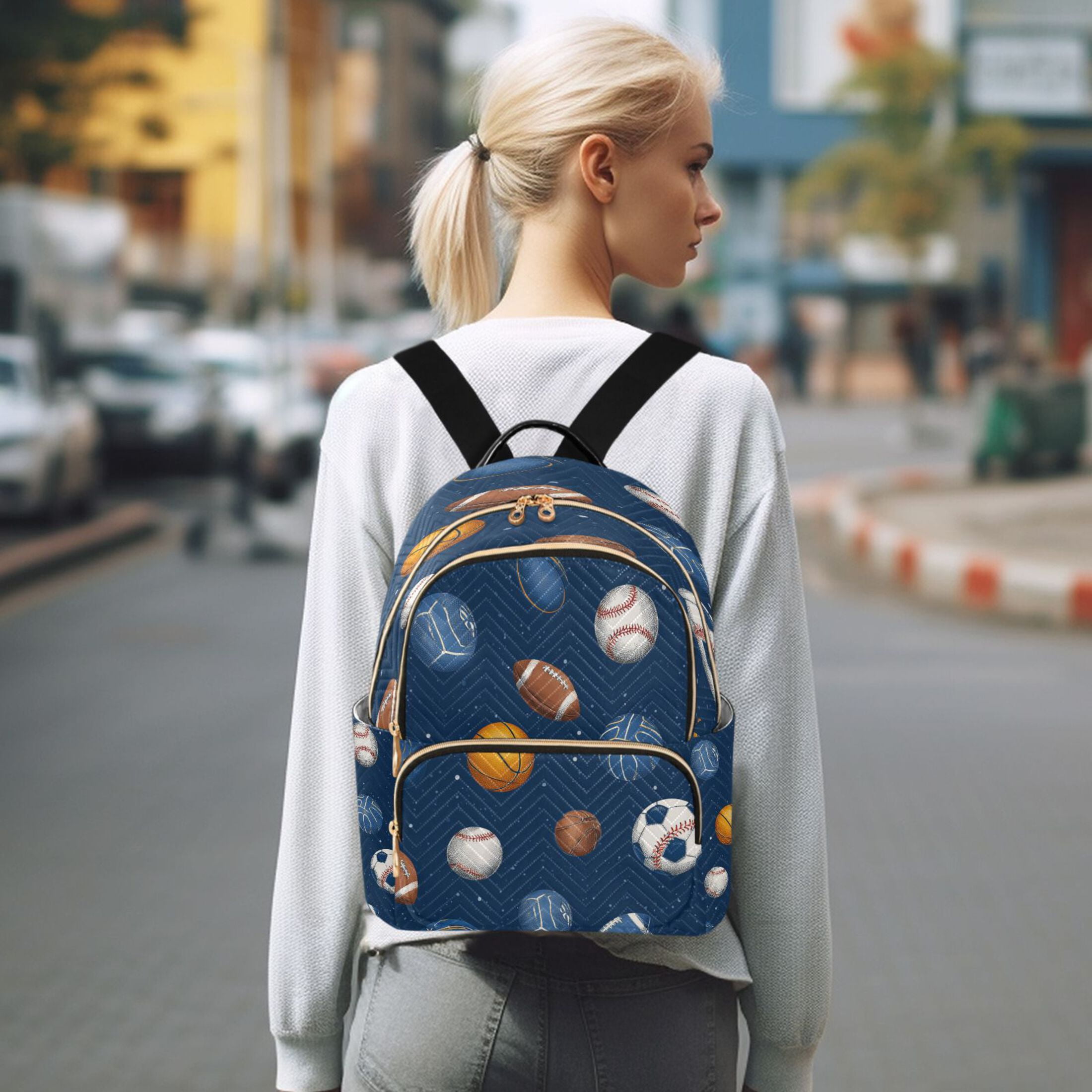 Basketballs Footballs Rugby Baseballs Sports Quilted Backpack Fashion Daypack Commuter Bag for Women 8.5 L