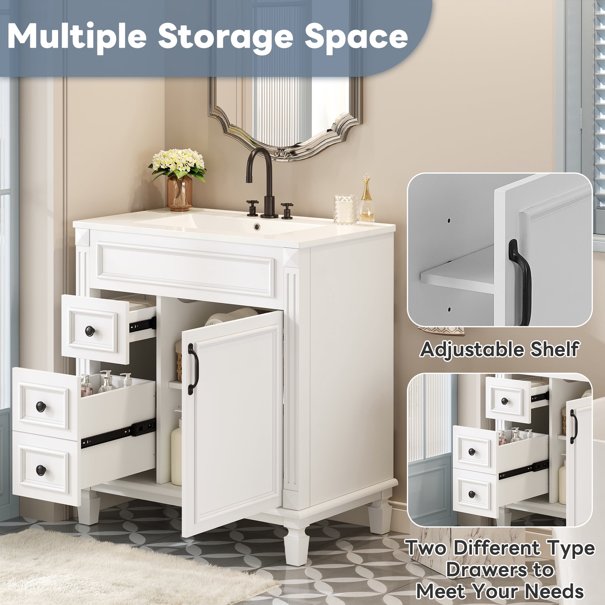 Euroco 30" Bathroom Vanity with Ceramic Sink, Small Bathroom Sink Cabinet, Modern Cabinet with 2 Drawers and Adjustable Shelf