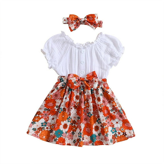PINQI Holiday Dresses for Kid Girls Toddler Girl Short Sleeve Flower Print Patchwork Dress Headband Set for 1 To 6 Years