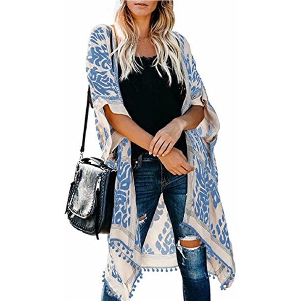 Mujeres Beach Cover Up Kimono Trim Solid Chiffon Spring Tropical Pool Kimonos Duster Cardigan Tops Maternidad Tallas grandes Summer Print Traje de baño Traje de baño Lady Bikini Casual Loose Coverups PXYMOER cárdigan
