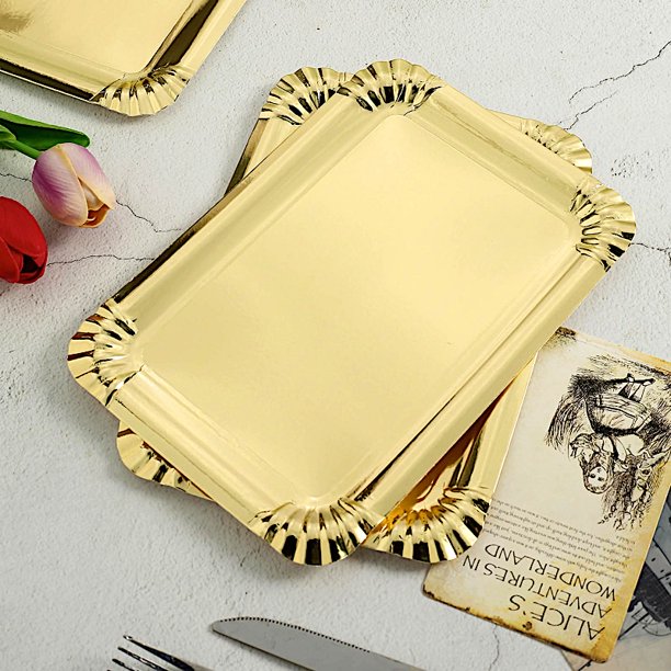 BalsaCircle 10 Gold 9" Rectangular Paper Serving Trays Scalloped Design