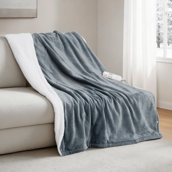 Maxkare Electric Throw Blanket 50" x 60" with 6 Heating Levels & 5 Timer Settings ETL Certification, Flannel & Sherpa, Gray & White